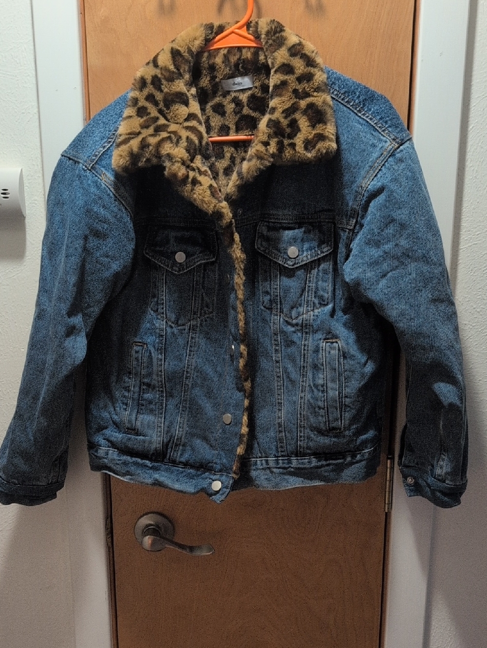 Adika Blue Denim Jacket with Leopard Faux Fur Trim